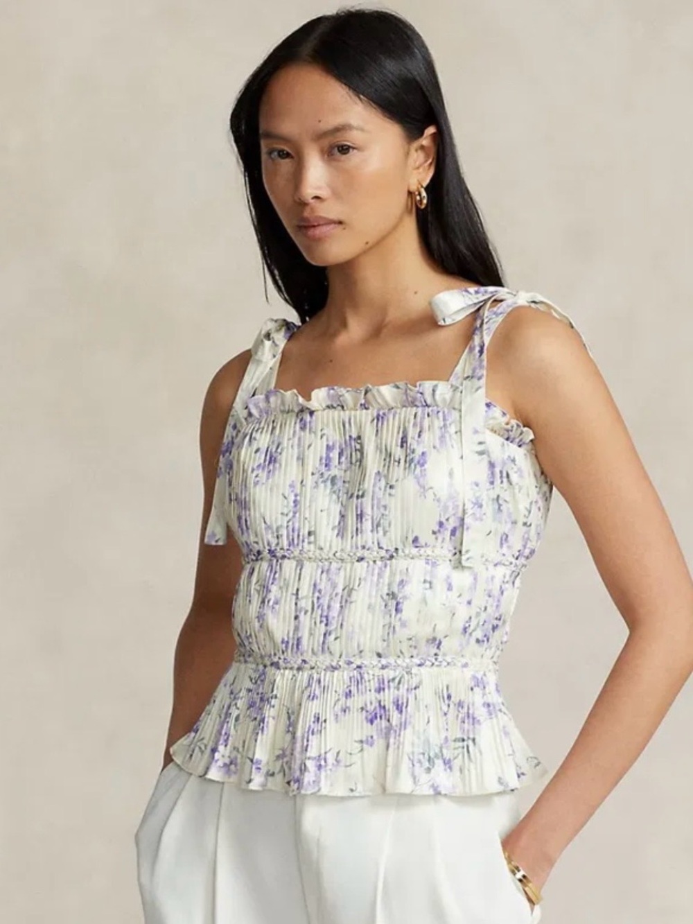 Ralph Lauren Floral Satin Tank Top Tiered Peplum Ruffle Shoulder Bow Tie Blouse